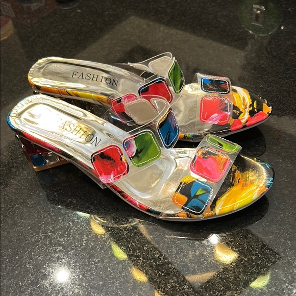 Vibrant Red and Pink Mules with Chunky Heel - Picture 2 of 6